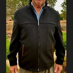 Mantoni Italian Men's XL Black Jacket with Brown trim at pockets and collar